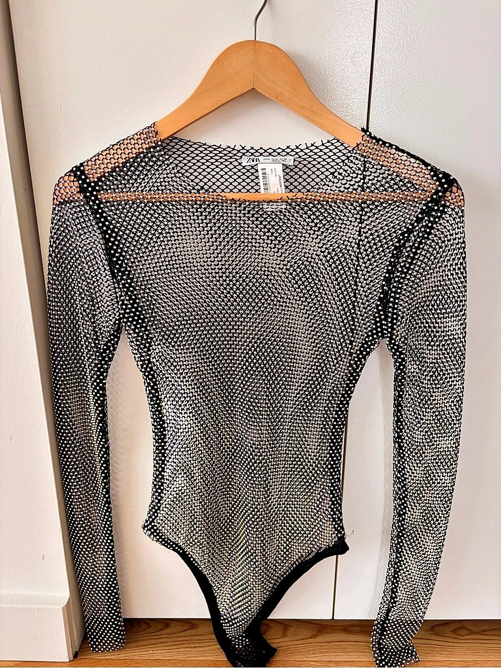 Zara Rhinestone Mesh Bodysuit Black & Gold Size Medium but fits xs